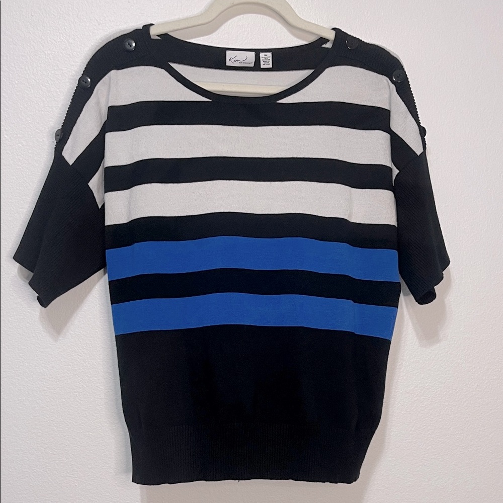 Kim Rogers Black, White, and Blue Striped Sweater Size XL PTP 23”-26” EUC